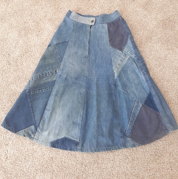Vintage Dresses & Skirts - Vintage 1970s Denim Patchwork Boho Jean Skirt